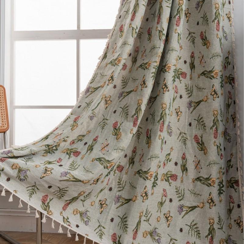 Light Filtering Floral Jacquard Curtains With Tassel Trim Living Room Small Fresh Decor