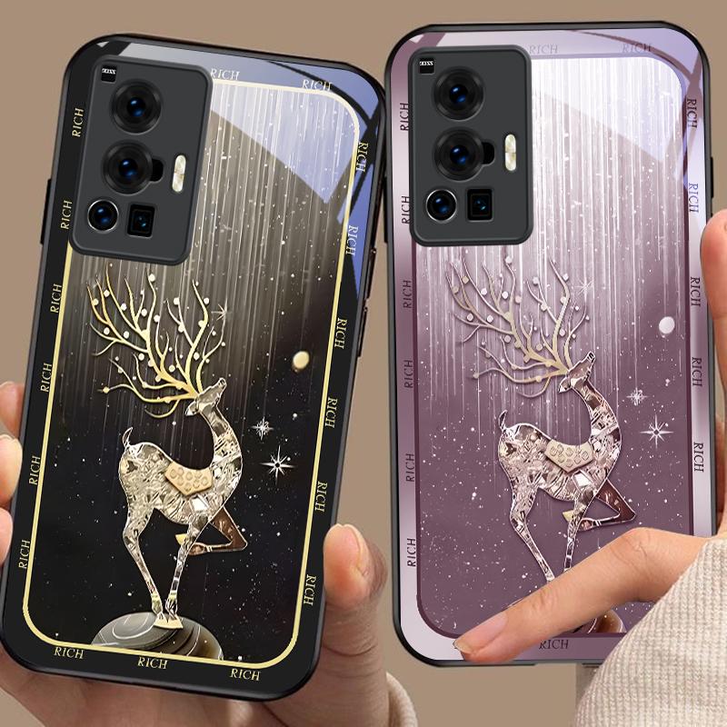 Чехол для телефона vivo X90 Pro+ X100 X70 X80 X200 Pro mini V29 V23 V30 V25 V40 SE V21 V25E V23e Черный Стеклянный Чехол 'Звездная Ночь Олень'