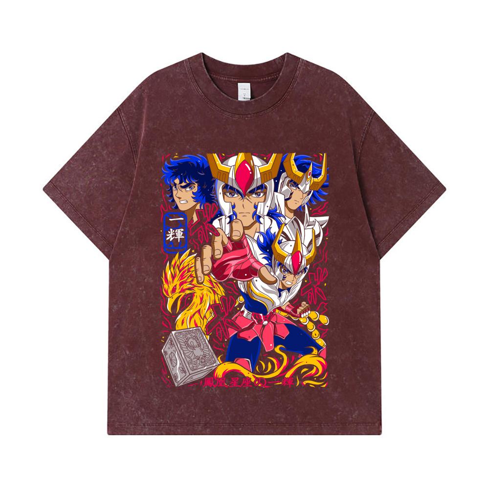 Стиранные футболки 275 г/м² 100% Хлопок Saint Seiya V7 Принт Феникса Унисекс Тяжелая хлопковая футболка