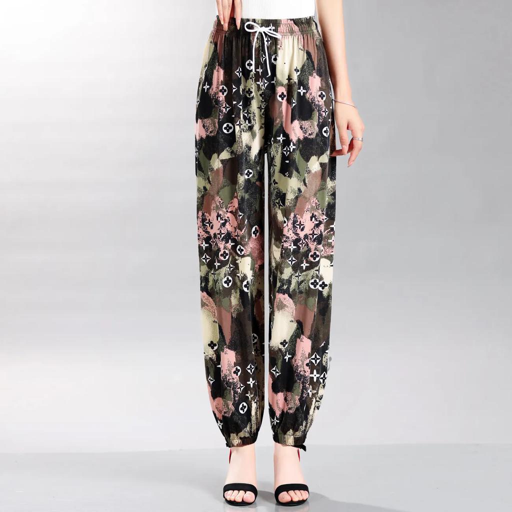 WTEMPO Elastic High Waist Thin Mother's Loose Cropped Skirt Pants Women Spring Summer Floral Printed Ice Silk Wide Leg Pants