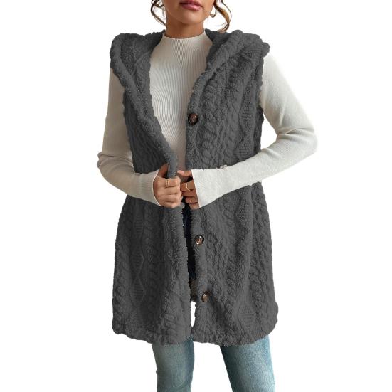 Women's Sleeveless Hoodie Coat Button Down Faux Fur Fuzzy Coat Oversized Textured Hooded Vest Fall Outerwear