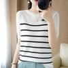 2025 Новая женская футболка в полоску из ледяного шелка и льна: Топ с изогнутым бисером, круглым вырезом и короткими рукавами
