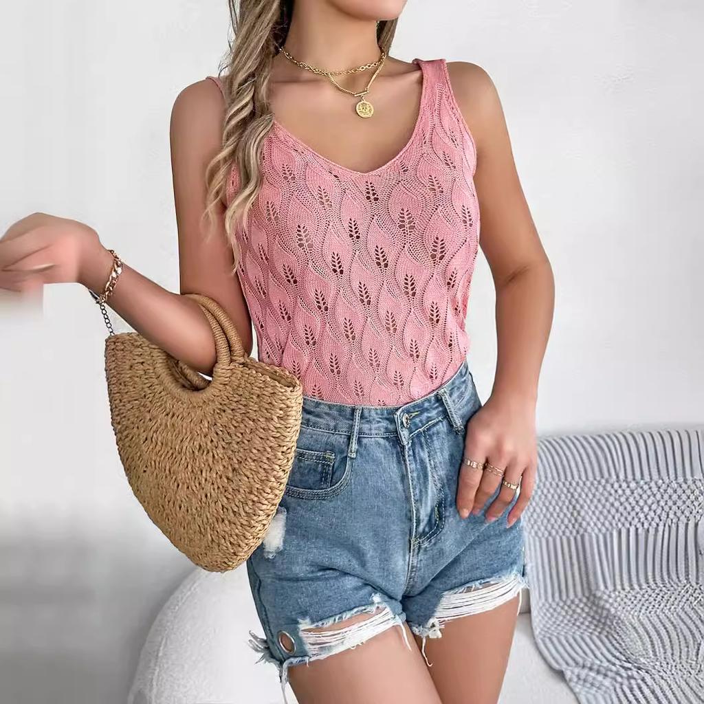 QICED Summer Solid Color V-neck Cutout Leaf Sleeveless Knitted Sweater Vacation Vest Women's Wear