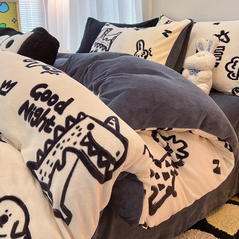 Thickened Milk Fleece Four-Piece Set Double-Sided Fleece Coral Fleece Quilt Cover Sheet Three-Piece Set