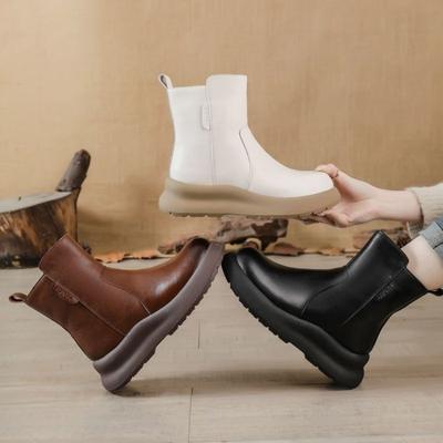 Осенне-зимние повседневные модные женские зимние ботинки с толстой подошвой, ретро-ботинки с круглым носком, однотонные теплые хлопковые ботинки