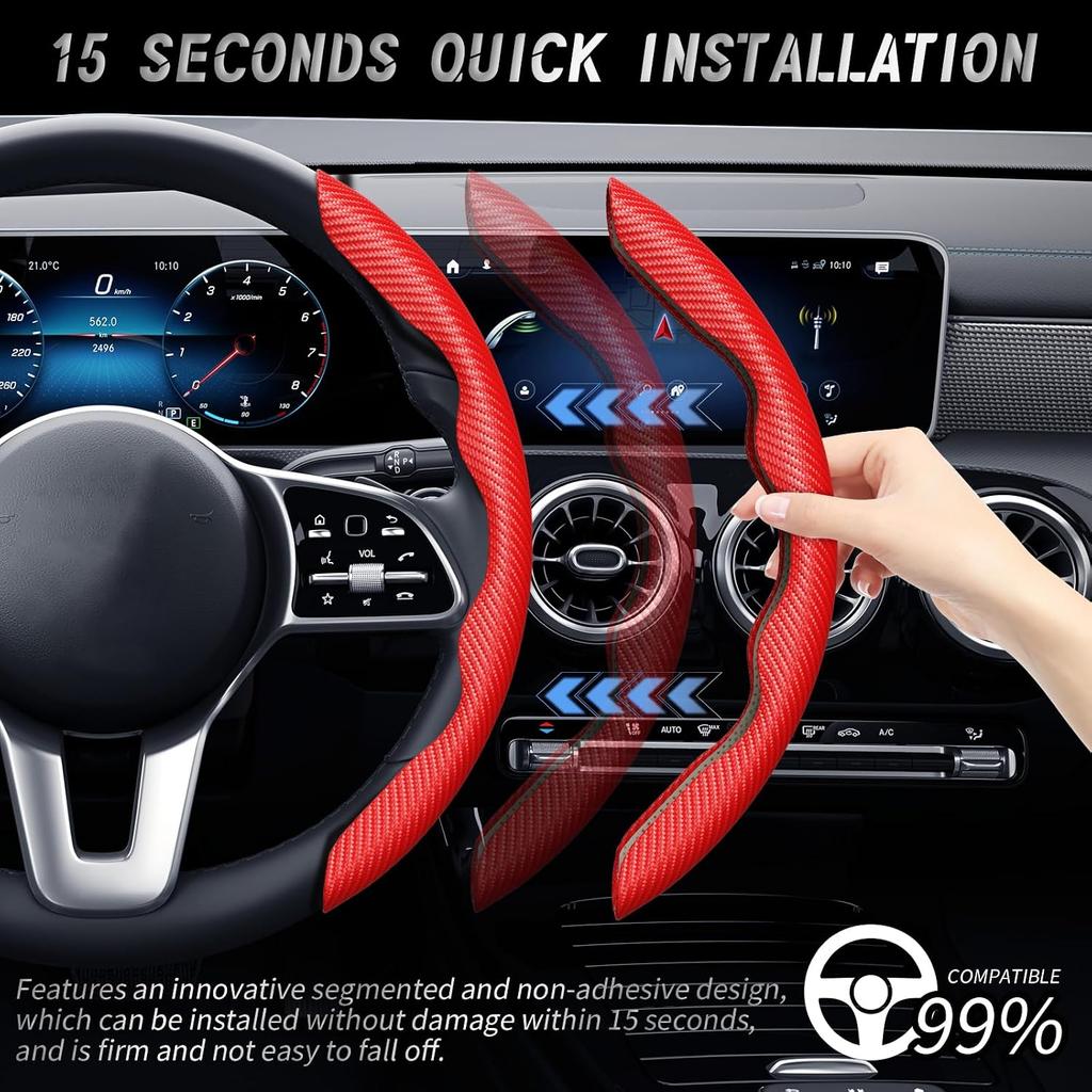 WOCOCN 2pcs Car Steering Wheel Cover,Anti-Skid Carbon Fiber, Red | Steering Wheel Protector for Men Women,Multiple Color Options,Universal for Most