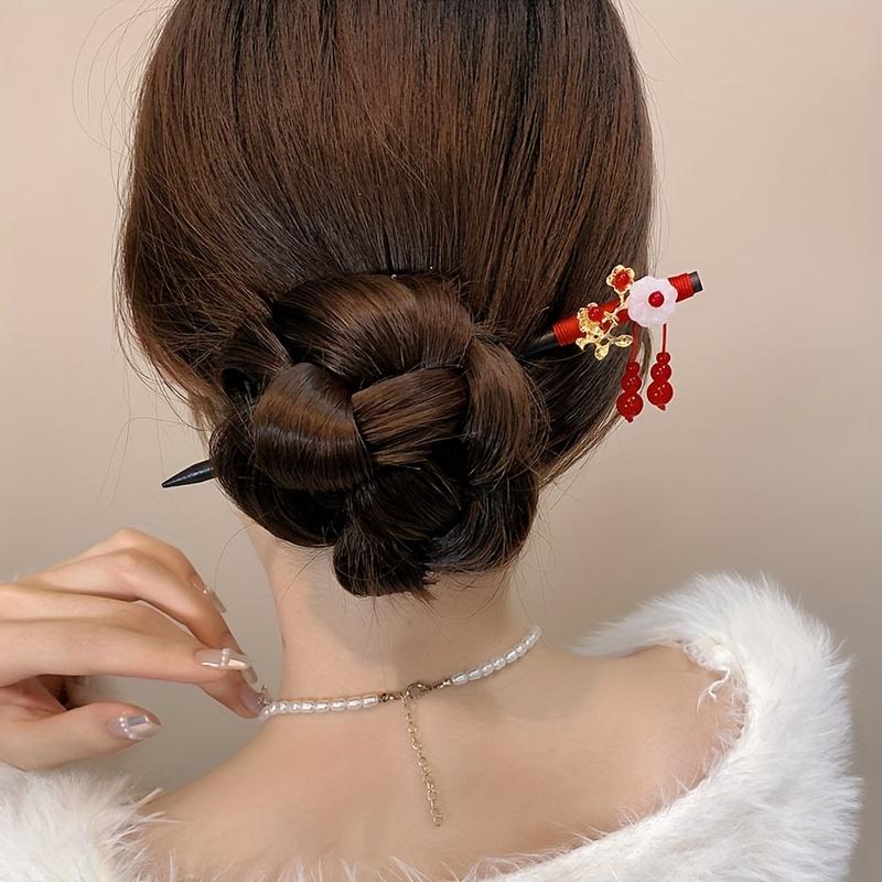 1pc of Wooden Red Rose Flower Tassel Faux Pearl Hairpin, Vintage New Year, Bridal Gift Hair Accessory, Christmas Present