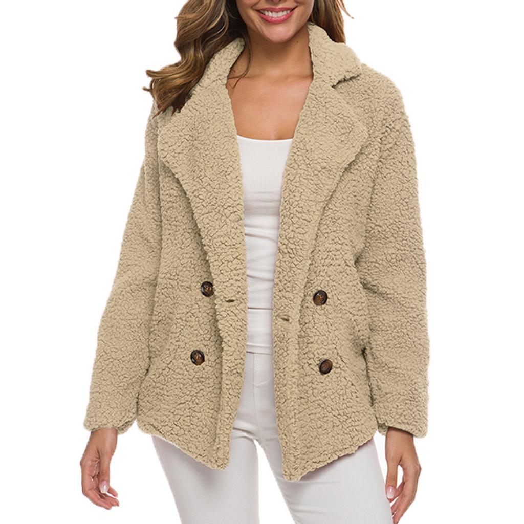 Women's Winter Casual Padded Thickened Suit Collar Button Lambswool Jacket Cardigan