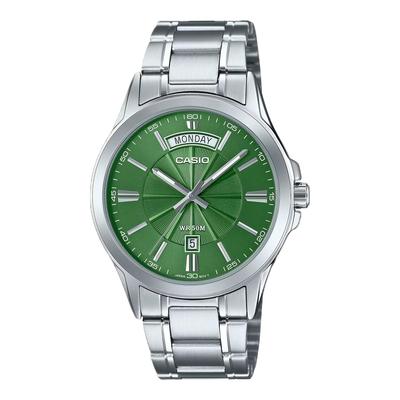 MTP1381D-3AV Мужские Винтажные Классические Часы из Нержавеющей Стали Зеленый Циферблат День и Дата Аналоговые