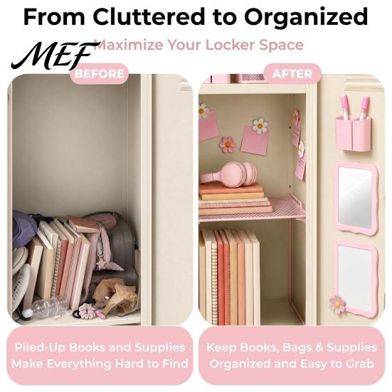 Locker Mirror 15Pcs/Set Pink Accessories for School Girls, with Shelf, Dry Erase Whiteboard, Set Markers, Mirror, Pen Holder, Flower Magnets,