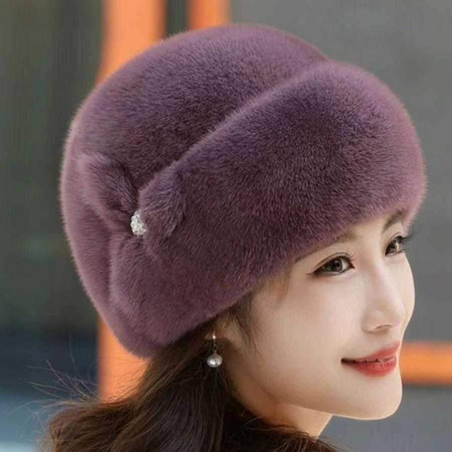 Women's Winter Mink Fur Imitation Top Hat Fashionable Leather Warm Hat Fur Toe Cap