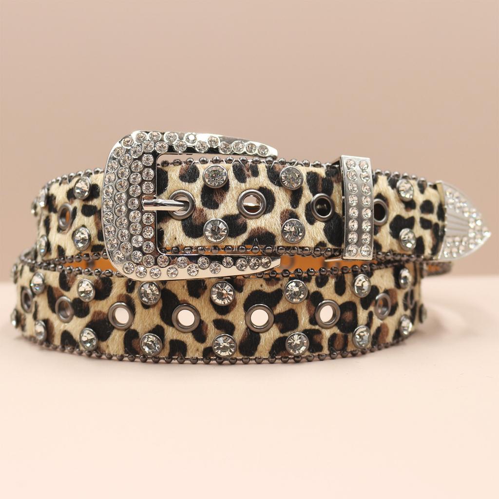 Cross Belt Leopard Print Western Rhinestone Belt Personalized Denim Woman Rivet Jeans Belt
