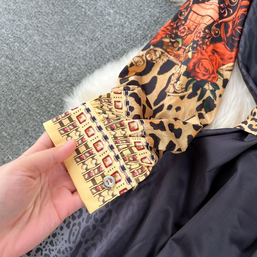 Весенне-осеннее женское винтажное праздничное платье с принтом и v-образным вырезом на шнуровке, длинное платье макси до щиколотки