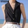Летняя французская камзола без рукавов, женская блузка с лацканами и V-образным вырезом, нишевый темпераментный шифоновый топ, классическая рубашка на пуговицах, сплошной цвет, простой топ на бретелях