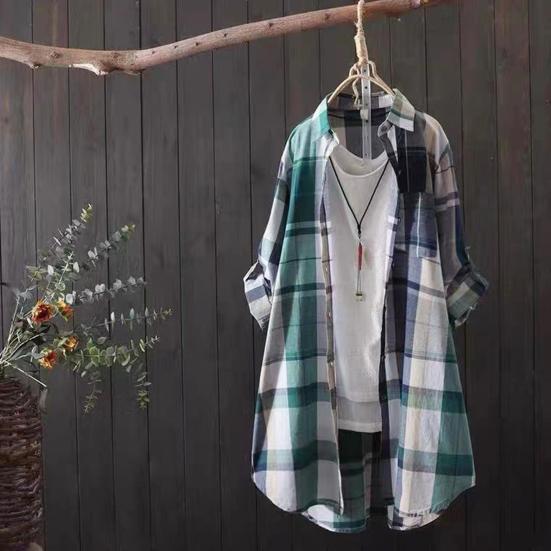 Женская рубашка с лацканами, длинным рукавом, цветной клетчатый принт, рубашка с карманом, свободный крой, однобортная рубашка средней длины