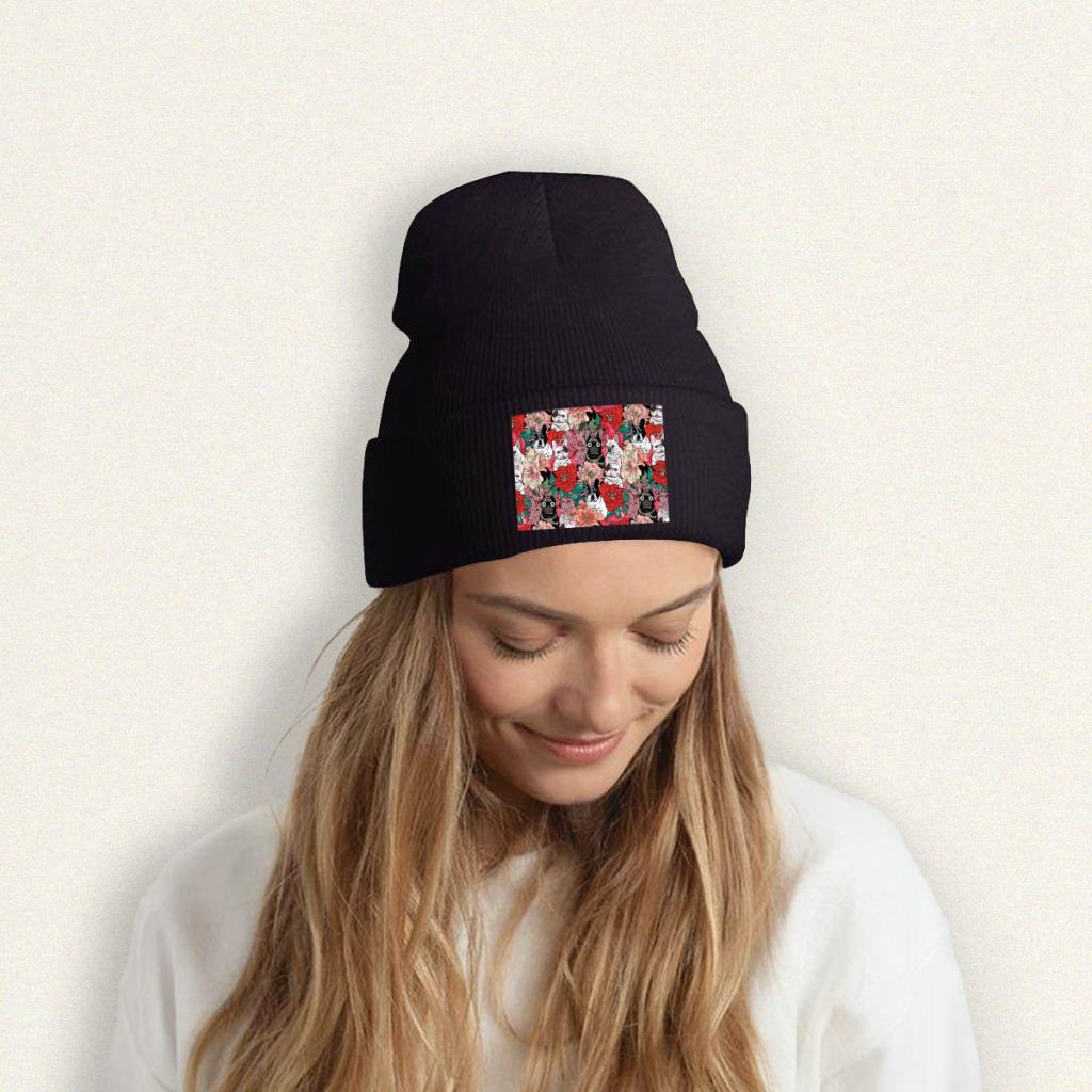 Flowers French Bulldog Knit Hat Beanie Winter Hats Warm Acrylic Street Caps Unisex Women