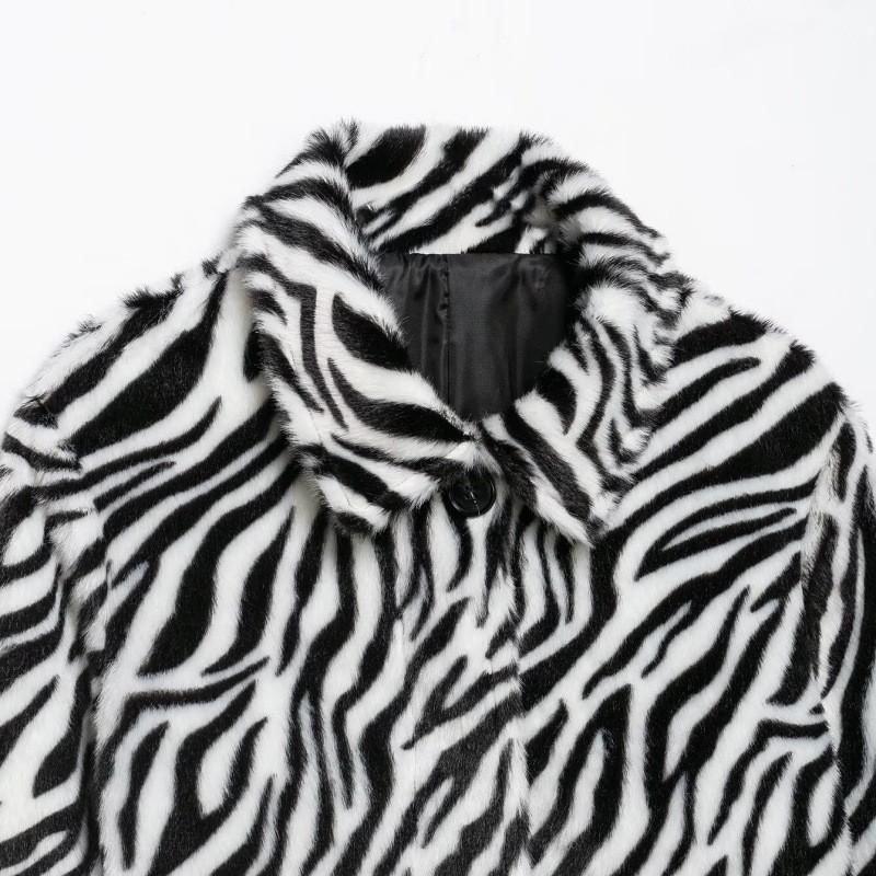 PBZA Womens Faux Fur Jacket Zebra Print Stand Collar Zip Up Fall Winter Casual Outerwear