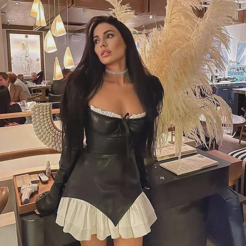 2023 Women's Black and White Ruffle Puff Sleeve Spliced Irregular Cake Skirt