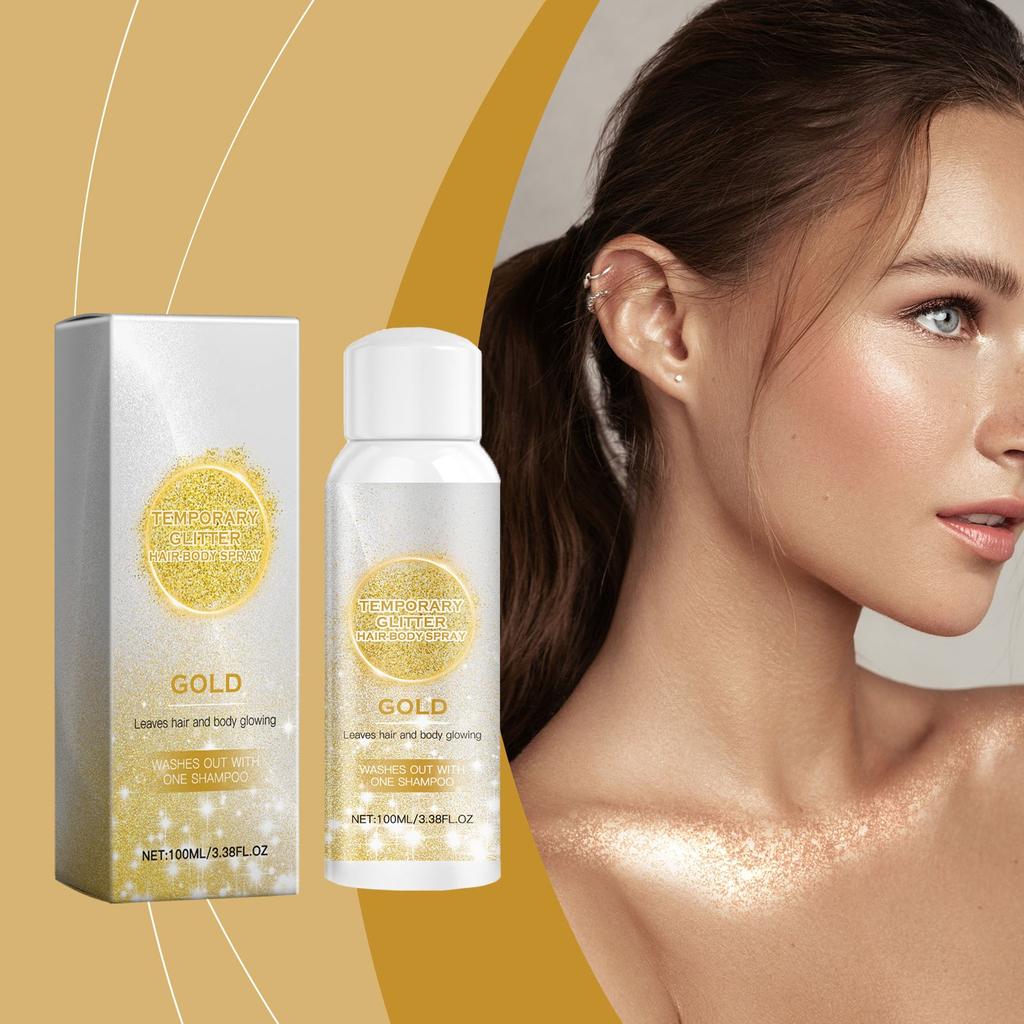 Glow Spray Gold Spray Hair Body Gold Glitter Spray Music Festival Spray Party Spray, 100 мл