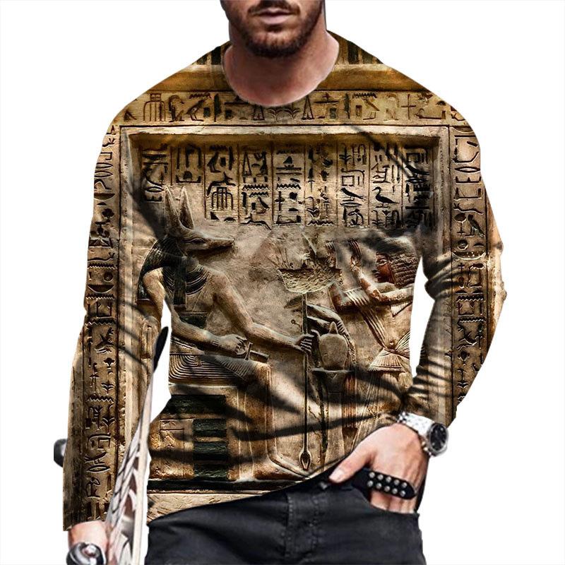 Мужские футболки с узором египетских иероглифов, винтажные футболки с 3D-принтом, летние повседневные топы с длинными рукавами, свободного кроя, с круглым вырезом