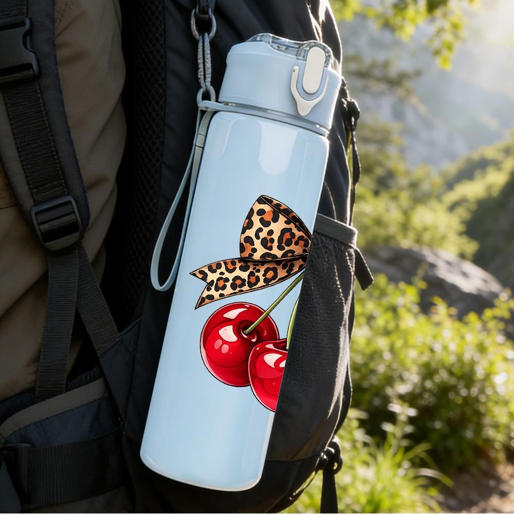 1PC Bow Decor Red Cherry Fruit Print 750ml Color Plastic Sports Water Bottle Leakproof Flip Straw Lid Suitable for Sports Office Home Use