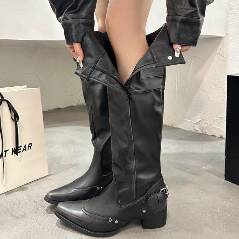 Мода Новые Популярные Туфли для Женщин Сапоги до Колена Красные Черные Белые Высокие Сапоги Женские Плиссированные На Низком Каблуке Повседневные Кожаные Женские Длинные Туфли