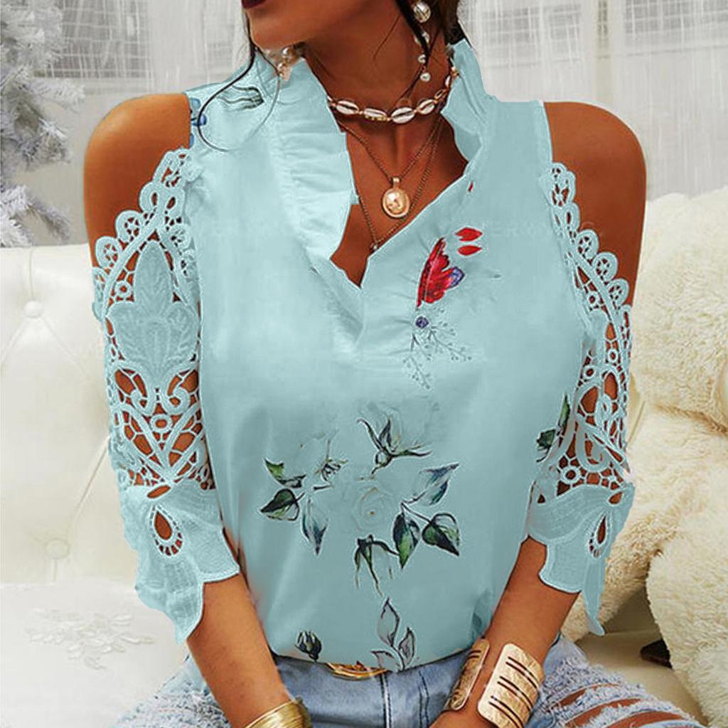 QICED Summer Women's Top Floral Print Off-the-shoulder Lace Patchwork Long-sleeved T-shirt for Women