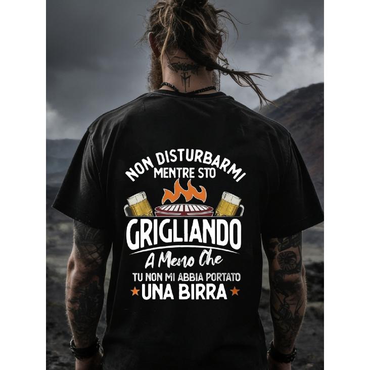 Black T-Shirt with Grill And Beer Graphic And Italian Text for Outdoor Cooking And Barbecue Events, Plus Size