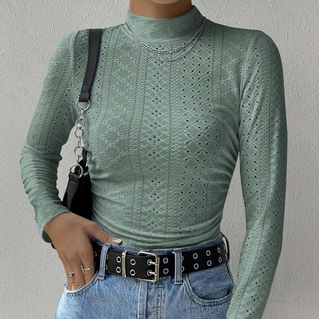 Однотонная футболка с вырезом под горло, элегантная футболка с длинным рукавом на весну и осень, женская одежда