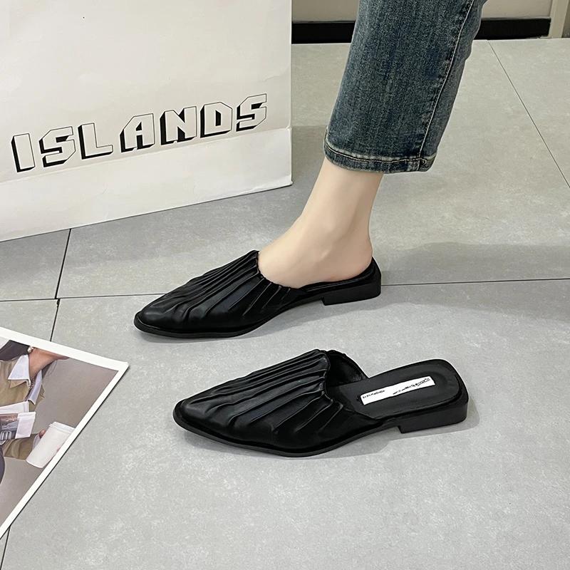 Fashion Baotou Semi-slippers Women's Spring and Summer New Versatile Small Pleated Square Toe Flat Bottom Baotou Slip-on Shoes