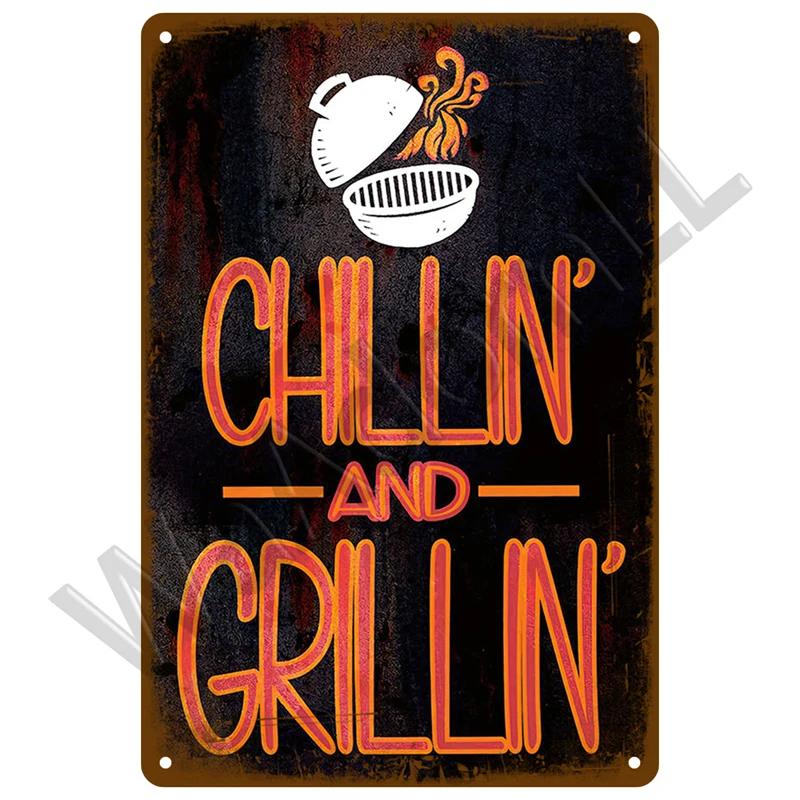 Винтажные жестяные знаки Ретро-барбекю для папы Декор для вечеринки на открытом воздухе Зона барбекю Металлическая табличка Правила барбекю Слоган Декор Аксессуары