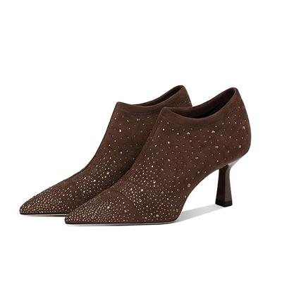 Модные женские ботильоны на высоком каблуке со стразами и острым носком, замшевые женские туфли 2024 года, новые зимние сапоги, сексуальные туфли-лодочки, зимняя вечерняя женская обувь