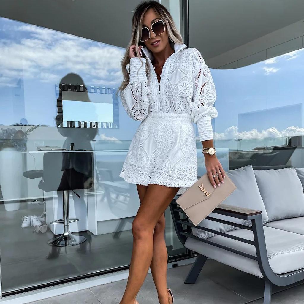 Women Spring Summer Stand Collar Solid Color Loose Sleeve Single Breasted Shirt Suit Casual Wide Leg Lace Shorts Two Piece Set S-XL