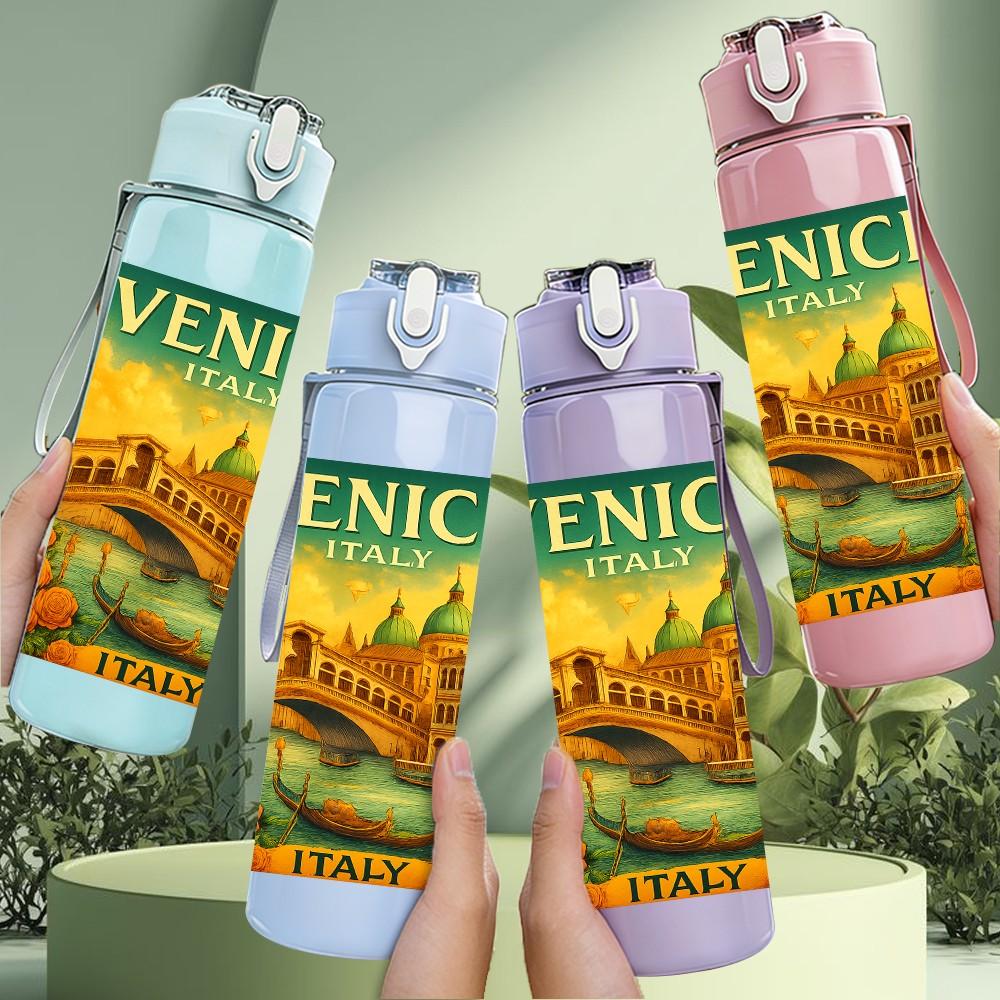 1PC Vintage Venice Travel Poster 750ml Color Plastic Sports Water Bottle Leakproof Flip Straw Lid For Sports Office Home Use