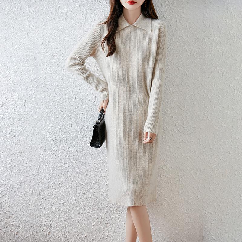 Women Sweater Dress 100% Wool TIDENOVEL Turn-down Collar Knit Long Pullover Winter Jumpers Wool Long Dress Female
