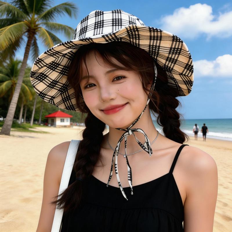 Women S Summer Black White Grid Adjustable Sun Fisherman Hat