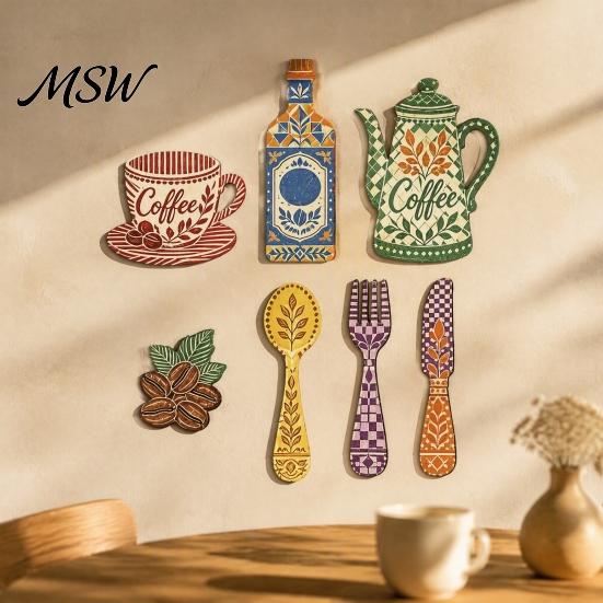 Wooden Kitchen Art 7Pcs Coffee Themed Wall Decor, 2D Flat Farmhouse Vintage Patterns Plaques, Country Style Ornaments for Dining Room Cafe Home