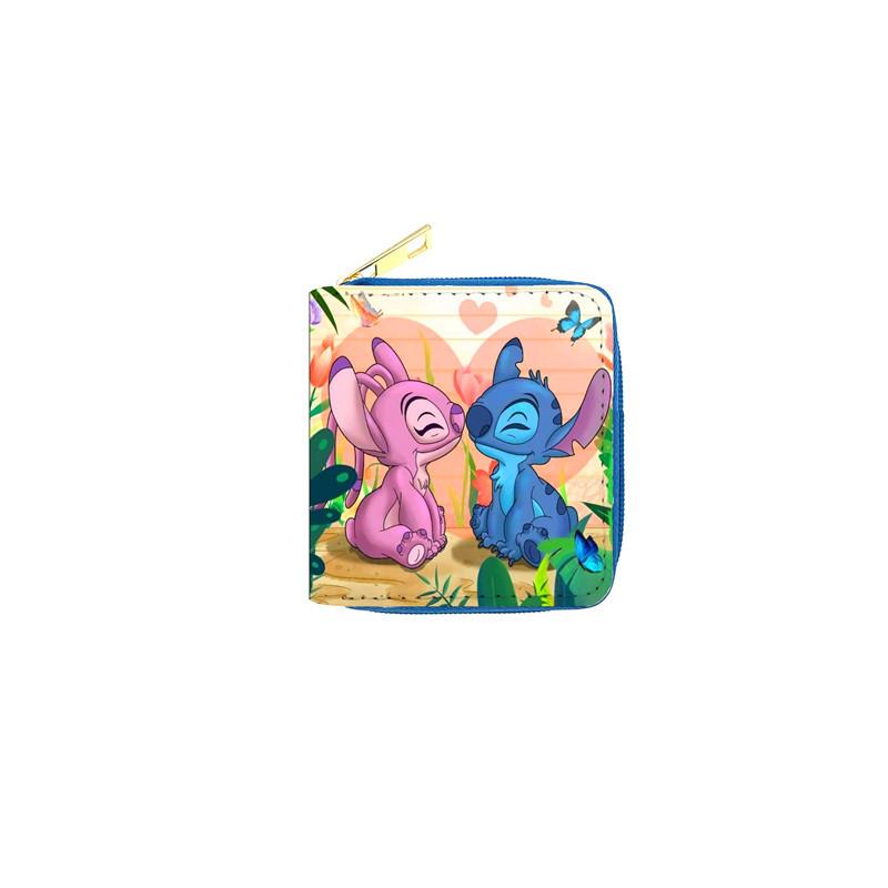 Stitch PU Cartoon Coin Purse Short Zipper Wallet for Women Students ID Card Holder Blue 6pcs
