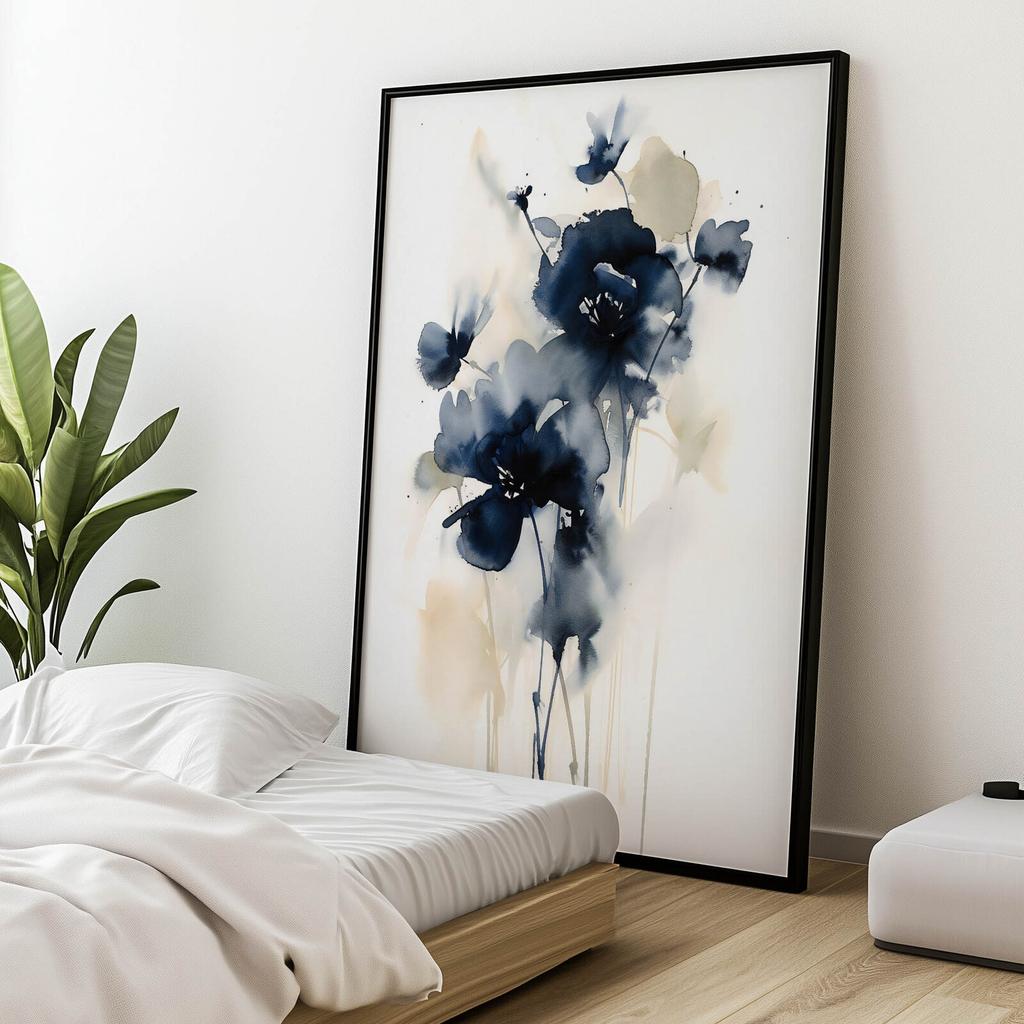 Ciemnoniebieskie Kwiaty Ciemnoniebieskie Kwiaty, 50X70 Cm, Bez Ramy, Płótno Premium Na Blejtramie