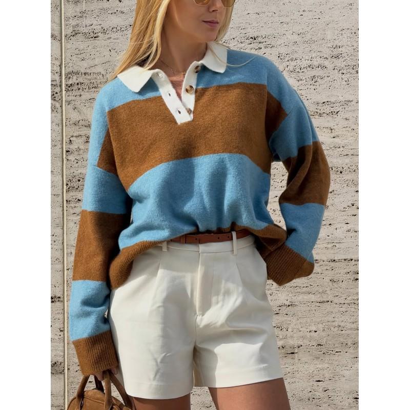 2026 Fall Winter Retro Color Block Striped Polo Neck Sweater Loose Fit Half Button Knit Top Women