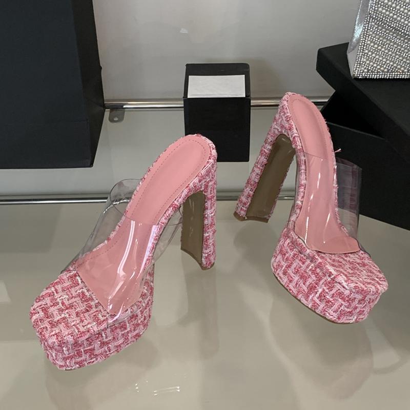 Fashion Liyke Sweet Style Pink High Heels Modern Slipper Women Platform Sandals Sexy Ope Toe Party Stripper Transparent Shoes Size 35-40