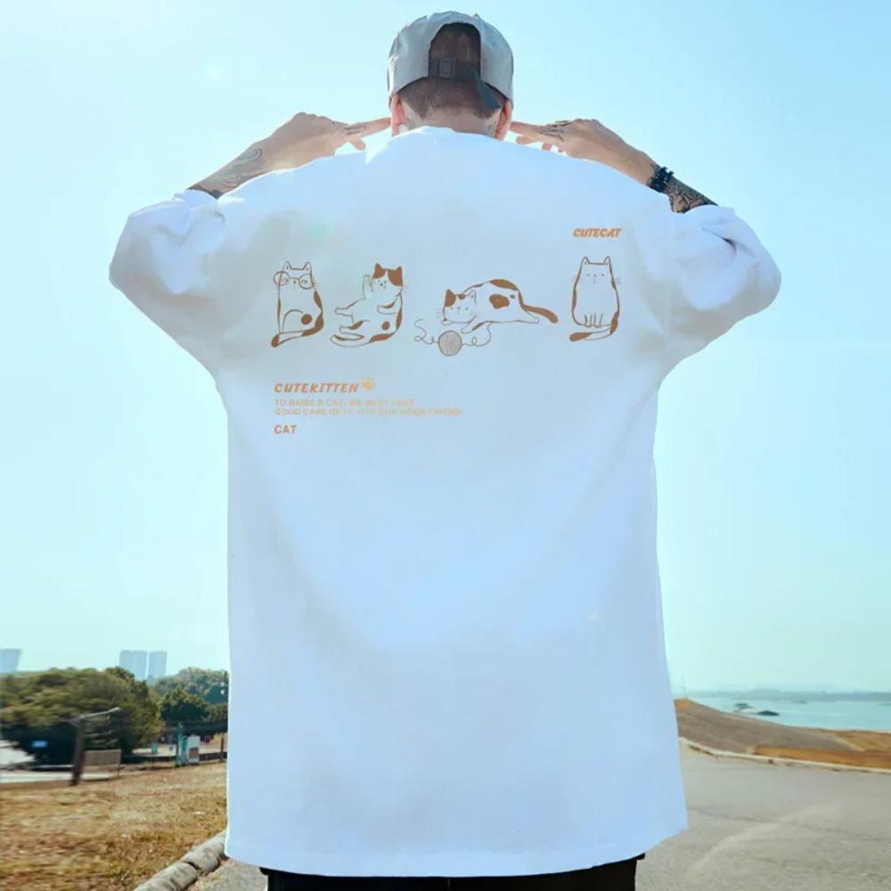 Новая мужская футболка с принтом кота, футболки с короткими рукавами для мужчин, простая модная мужская одежда, свободная футболка большого размера, топы, 2024, повседневная футболка