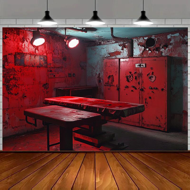 1pc 2D horror-themed red background banner - Ghost Laboratory scene bloodstained table and dripping lamp polyester material