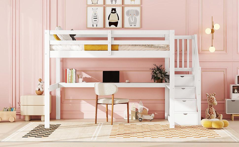 =(WX000717AAK-1) Loft Bed, 140x200, Children's Loft Bed, with Storage Drawers and Under-bed Desk, White
