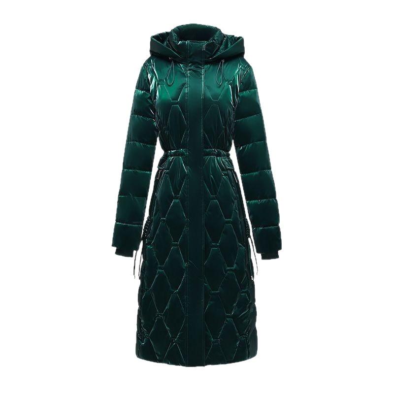 Middle-aged women's glossy cotton-padded clothes, long over-the-knee hooded cotton clothes, waist drawstring, waist and thin large size, winter guaran