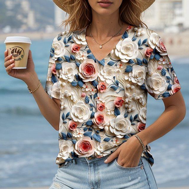 Винтажная женская футболка с цветочным принтом, с коротким рукавом, с V-образным вырезом, топы, удобные футболки