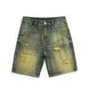 New Summer Retro Old Ripped Denim Shorts Men's Loose Straight Cutout Pants