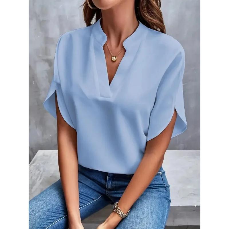 New Summer Women's Elegant Commuting Shirt Simple Solid Color Fashion V-neck Short Sleeved Shirt Loose Casual Holiday Shirt