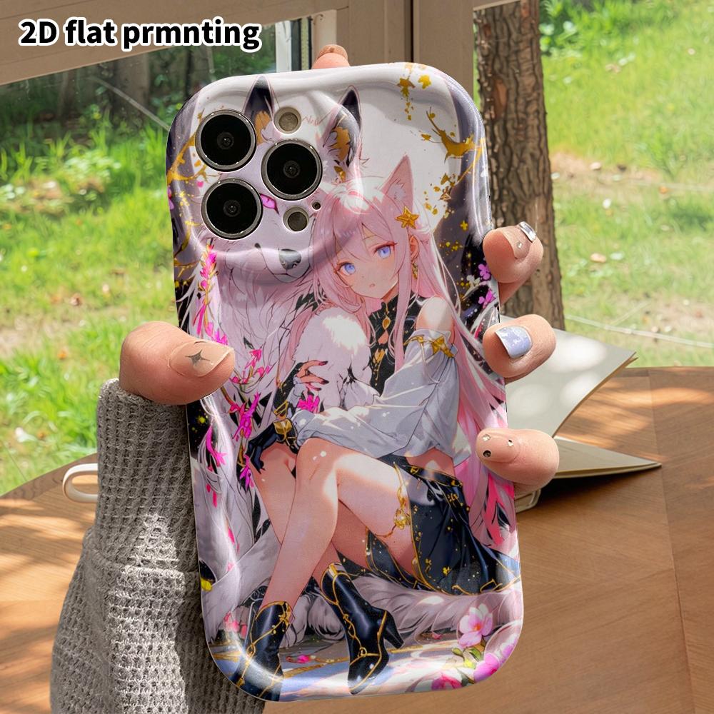 Phone case: 2D flat, fits iPhone 12Pro/13/14/15/16/17/18, phone decoration, pink-haired girl with animal ears, perfect for Christmas and Halloween gif