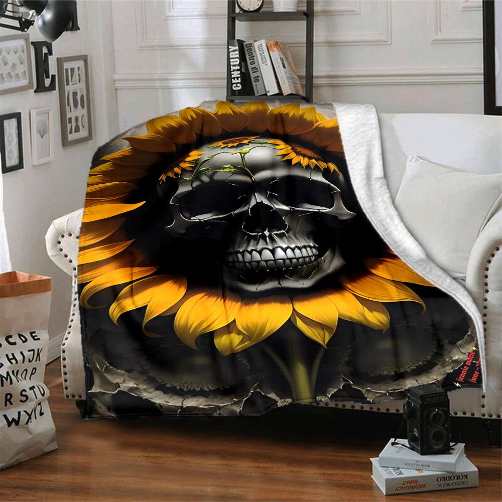1pc Skull Sunflower Artwork Blanket, Lightweight Flannel Fleece with Digital Printing, Soft Warm for Sofa, Travel, Camping, Office, Couch, Chair, and